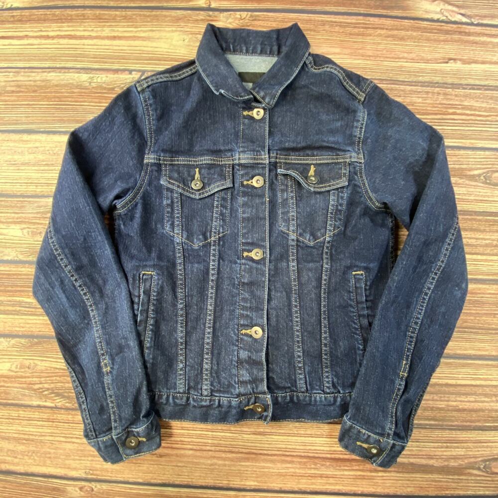 Uniqlo Jean Jacket Womens S Dark Blue Denim Long Sleeve Pockets Casual Cotton